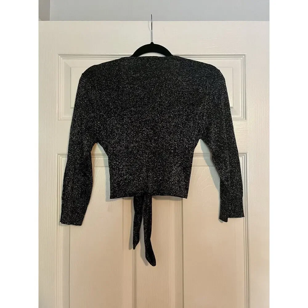 Expression Black And Silver Glitter Metallic Open Front Short Cardigan Size 12 - Picture 3 of 6